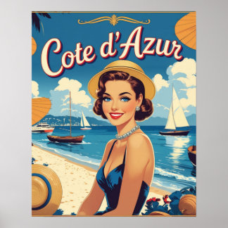 Poster Estilo Vintage Cote D'Azur Beach Girl