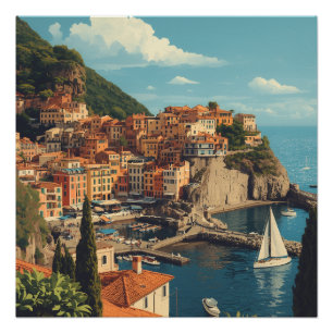 Póster Estilo Vintage Portofino Genova Itália