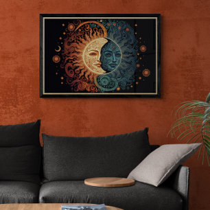 Poster Estilo Vintage Sol Psicedélico e Lua Arte Ai
