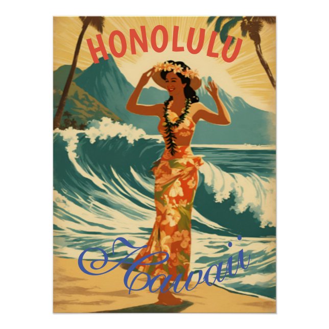 Póster Estilo Vintage Viagem Honolulu Médio Havaiano - Pa (Frente)