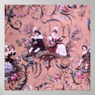 Poster Estilo Vitoriano Cinzento Rosa-Rosa Vintage Francê