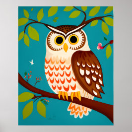 Poster Estilo Whimsical Pintura de Coruja em Uma Árvore