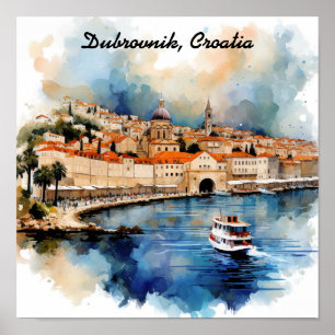 Poster Estilosa pintura em aquarela de Dubrovnik Croácia