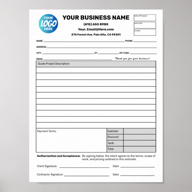 Poster Estimate Quote Job Proposal Forms Contractor (Frente)