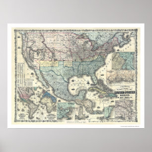 Poster Estrada de ferro & mapa militar EUA 1862