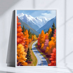 Poster Estrada de Outono   Aquarela da Natureza com Folha