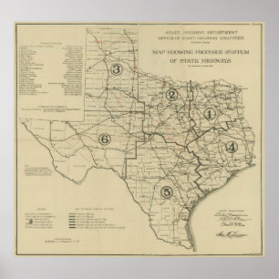 Poster Estrada Mapa de Texas do vintage (1917)