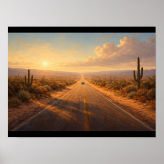 Poster Estrada no deserto com um único carro ao longe