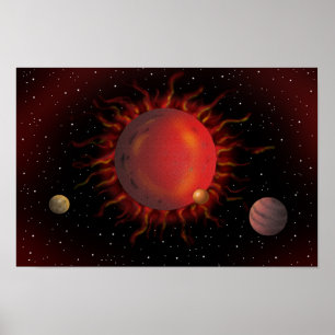 Poster Estrela gigante vermelha ardendo e planetas sendo 