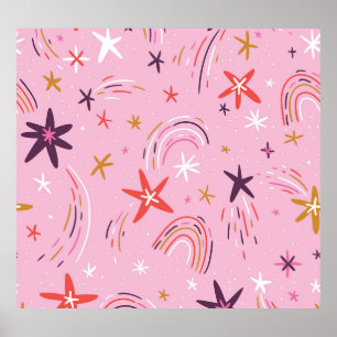 Poster Estrelas Bonitas Rainbows Padrão Rosa