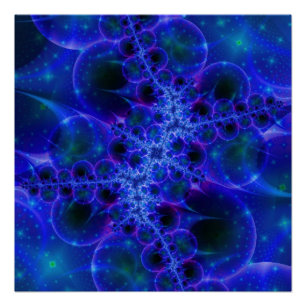 Póster Estrelas Brilhantes   Arte Fractal Azul e Branca