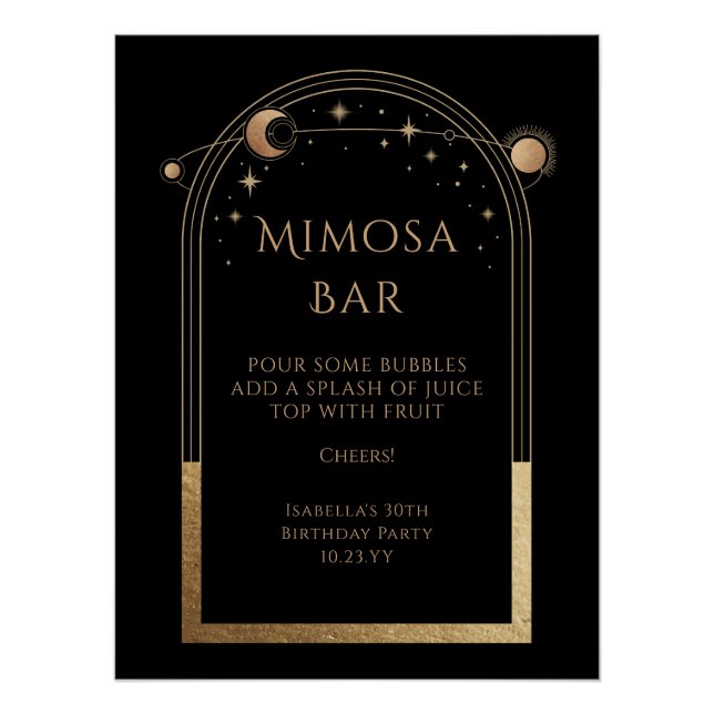 Póster Estrelas da Lua Negra Celestial Dourada Mimosa Bar (Frente)