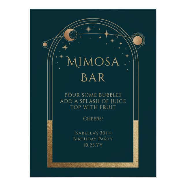 Póster Estrelas de Lua Verde Celestial Dourada Mimosa Bar (Frente)