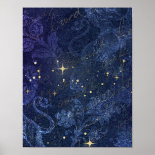 Poster Estrelas de ouro celestiais florais azuis desbotad