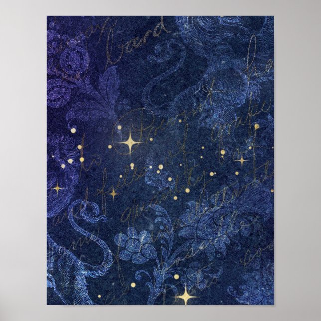 Poster Estrelas de ouro celestiais florais azuis desbotad (Frente)