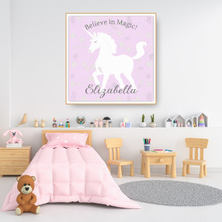 Poster Estrelas de Unicórnio Rosa Suave Nome de Crianças
