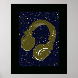 Póster estrelas do auscultadores e do céu do DJ