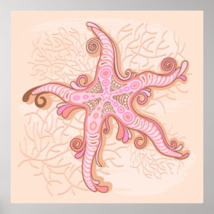 Poster Estrelas-do-mar e Coral Padrão Pastel Rosa