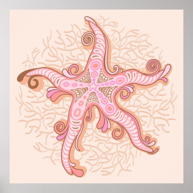 Poster Estrelas-do-mar e Coral Rosa Pastel (Frente)