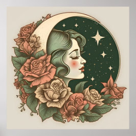 Poster Estrelas e Flores da Lua de Deco da Arte Retroativ
