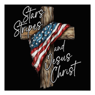 Póster Estrelas Listras e Jesus Cristo Fé Patriota