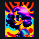Poster Estrelas psicodélicas e Stripes Pop Art Diva<br><div class="desc">Esta criação de pop artística levará vocês em uma jornada até o passado da groovy, com uma reviravolta ousada e na moda. Uma menina psicodélica mesmerizante, vestindo um par de óculos legal, pop contra as estrelas dinâmicas e o fundo das listras. A vibração retrorreflectora, combinada com a moderna design de...</div>