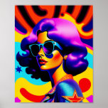 Poster Estrelas psicodélicas e Stripes Pop Art Diva<br><div class="desc">Esta criação de pop artística levará vocês em uma jornada até o passado da groovy, com uma reviravolta ousada e na moda. Uma menina psicodélica mesmerizante, vestindo um par de óculos legal, pop contra as estrelas dinâmicas e o fundo das listras. A vibração retrorreflectora, combinada com a moderna design de...</div>