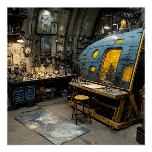 Póster Estúdio de Submarino de Artista Steampunk Caos (Frente)