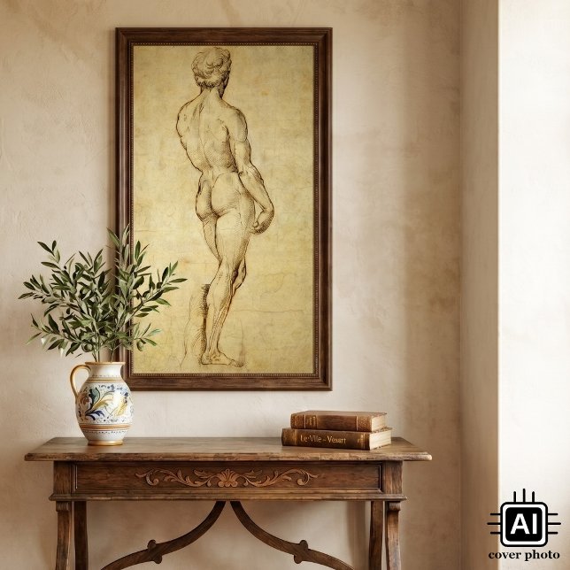 Póster Estudo da estátua de Davi de Michelangelo por Rafa (Study of Michelangelo's David by Raphael is a vintage Renaissance sketch of David from behind.)