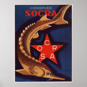 Póster Esturjão enlatado soviete de URSS que anuncia 193