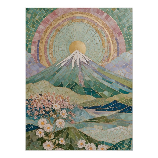 Póster Ethereal Bloom: Pastel Mosaic Volcano in Spring (Frente)
