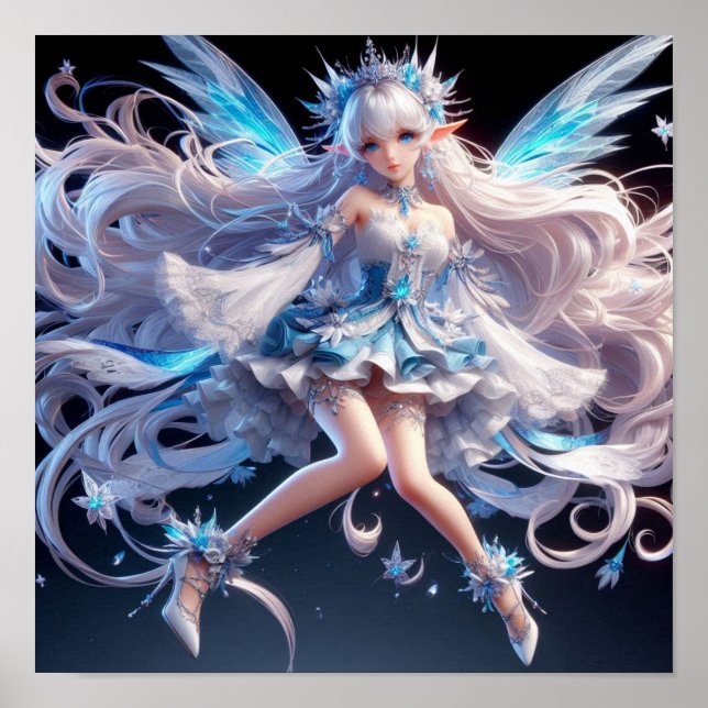 Poster Ethereal Ice Queen Fairy with Flowing White Hair (Frente)