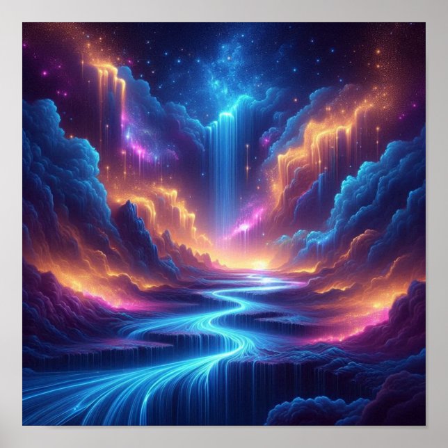 Poster Ethereal Waterfalls Blending with a Starry Horizon (Frente)