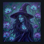 Poster EtherealFlowers<br><div class="desc">Enigmatic witch in a wide-brimmed hat amid glowing purple flowers,  ethereal blue-purple palette,  dark flowing hair and mystic stare.</div>