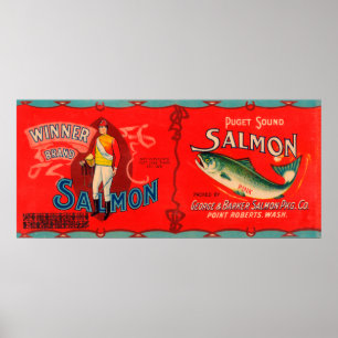 Póster Etiqueta dos salmões da marca do vencedor