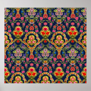 Poster Etnia Mughal Floral: Padrão Azul Sem Costura