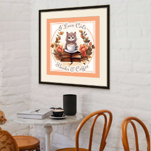 Póster Eu adoro gatos, livros e café, bom aniversário