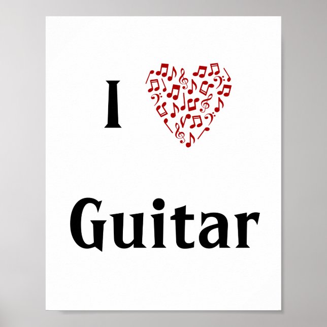 Poster Eu adoro guitarra, corações vermelhos de notas mus (Frente)