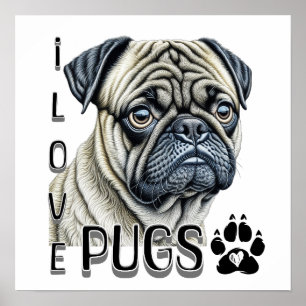 Poster Eu Adoro Pugs   Proprietários De Cachorros Cortos