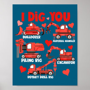 Poster Eu Adoro Você Caminhões de Construção Dia dos Namo