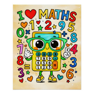 Póster Eu Amo Design de Calculadora Fofo de Matemática