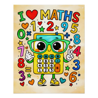 Póster Eu Amo Design de Calculadora Fofo de Matemática