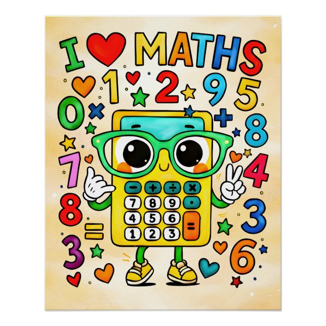 Póster Eu Amo Design de Calculadora Fofo de Matemática (Frente)
