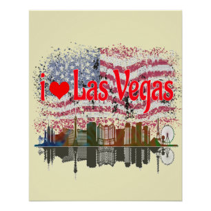 Póster Eu Amo Las Vegas Skyline American Flag Souvenir