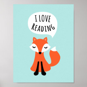 Póster Eu amo ler arte de parede de raposa de desenho ani
