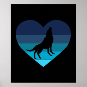 Poster Eu Amo Lobos Uivando Coração Retrô