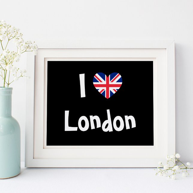 Poster Eu Amo Londres (Black and White I Love London with Union Jack Heart Shape)