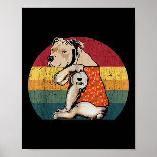 Poster Eu Amo Mamãe Cachorro Pitbull Tatuagem Flor Vintag