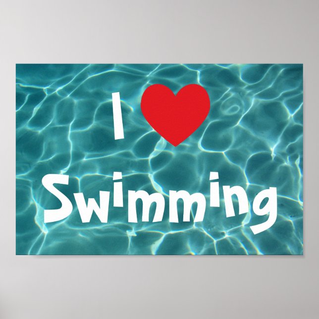 Poster Eu Amo Nadar Coração Vermelho com Água da Piscina  (Frente)