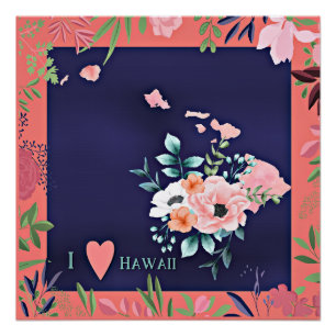 Póster Eu amo o Havaí, ilustração floral de aquarela.